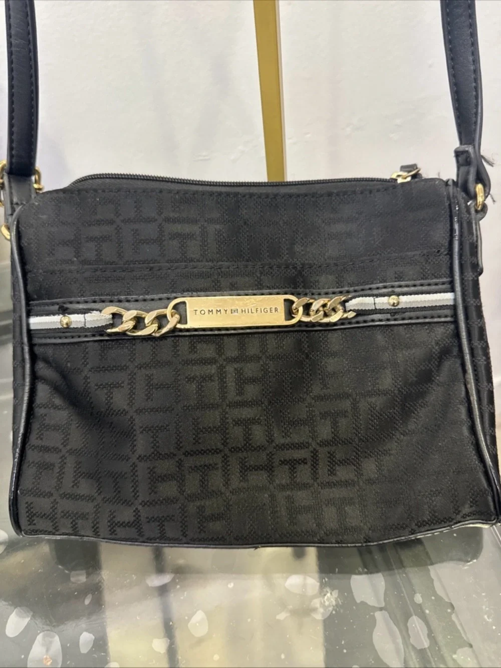 Tommy Hilfiger Black Crossbody with Gold Chain Accent